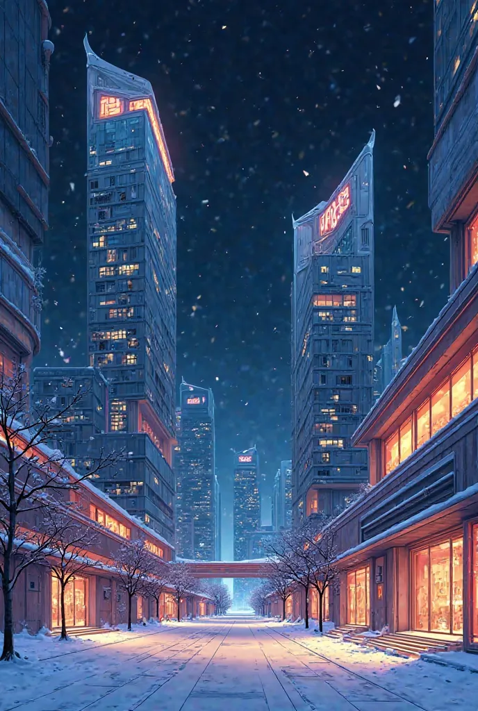 Modern buildings,Korea, anime drawing style ,Manhwa, at night,snow