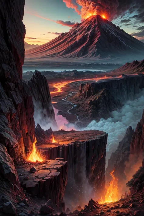 Masterpiece, Volcanoes, Fire, aura. Blue sky and rocks in the distance. Adventure landscape . Maximum quality,  Detailed.