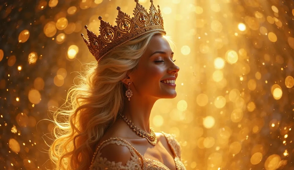 a full HD high definition, detailed image, the beautiful and majestic queen of wealth and gold, a large crown on her head, blonde hair, a mystical, feminine and joyful atmosphere, 
mystical woman goddess of gold, lots of gold, enchanted place, lots of ligh...