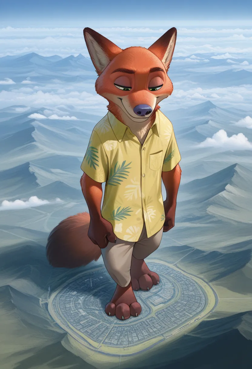  Masterpiece ,Best quality,amazing quality,
 solo, a male,  man, Nick Wilde, Zootopia , khaki shirts, green Hawaiian shirt, rises above the clouds, macro, giga-sized, Giant, high face detail, high body detail, 4k quality, full length