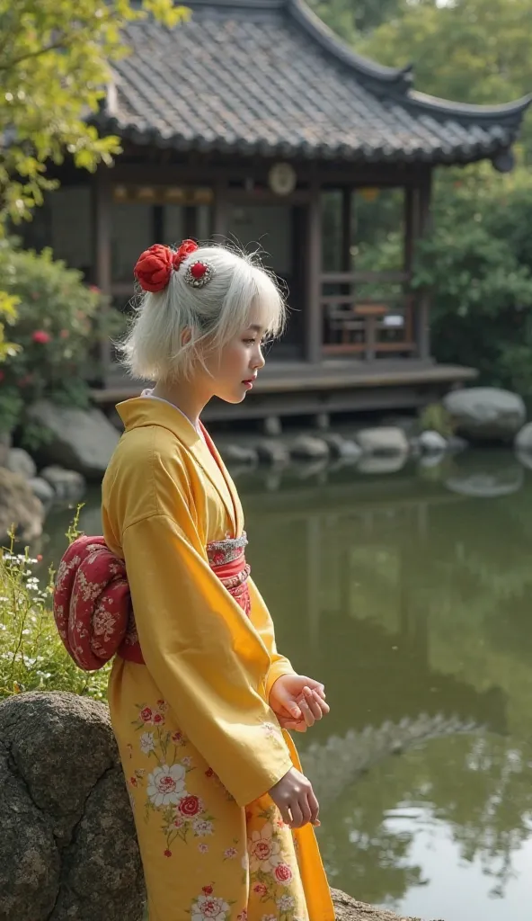  Fantastic　realistic footage　Japanese House　Large garden　On the stones in the pond　Cute wearing a yellow kimono２０About an old girl with short hair　hair ornaments close to the garden　Showing his face here