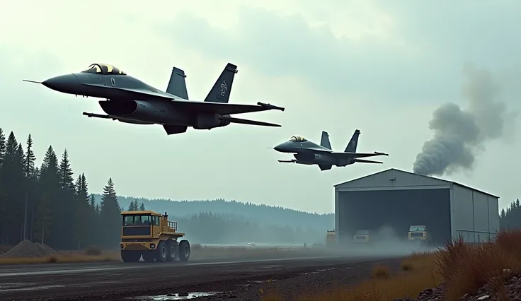 F-15C and F-16C above the wheel bucket excavator installed in the、An airfield with a huge hangar next to a taiga and a mine, and F-15C and F-16C in the sky