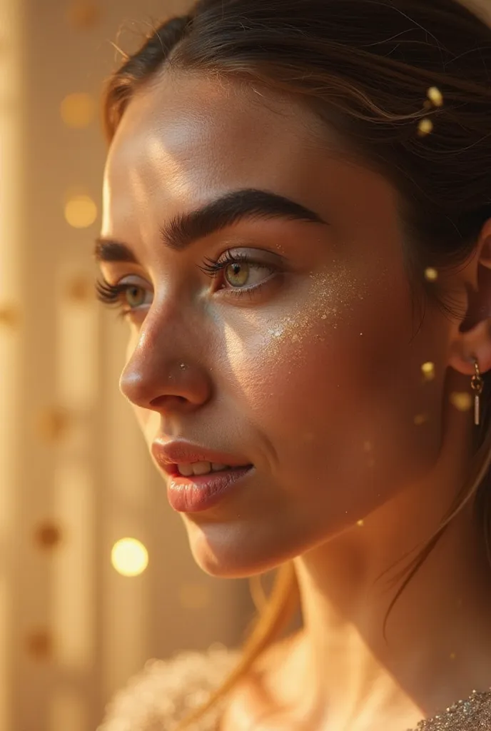 "Realistic image of a close up of well-shaped and defined eyebrows, illuminated by a soft, golden light. The background is neutral and elegant , with a subtle golden touch that refers to the glow of Carnival. The image conveys sophistication, self-care and...