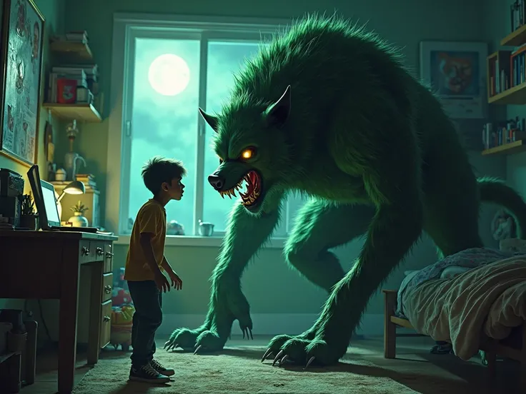 A tranquil ren's bedroom at night, illuminated by the bright full moon shining through a window. A sinister green werewolf, muscles tense and clawed, prepares to pounce on the unsuspecting boy.