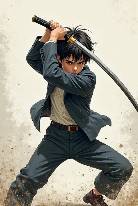 Messy-haired young boy, with raised hands holding a katana, wearing a suit, And with bent knees 