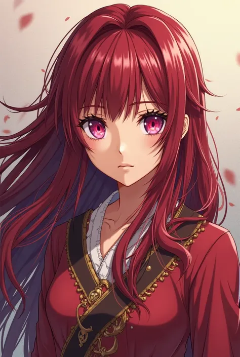 ((fire emblem)) ((Masterpiece)), ((Best quality)), young girl, dark red long hair, magenta pink eyes, sun tanned skin, wearing medieval commoner dress, and having a stern expression. manwha style