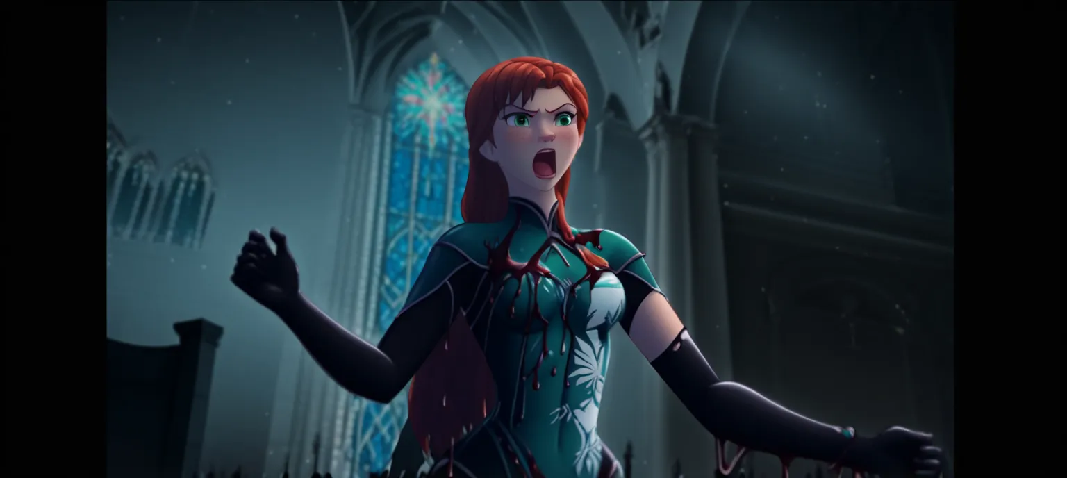 frozen anna angry rage ripping the red liquid latex symbiote body suit , female, , red hair, long hair, 1girl, symbiote tendrils , cartoon , red hair, green eyes , slim body shape, sexy female body, without clothes, woman sexy, church tower background , wo...