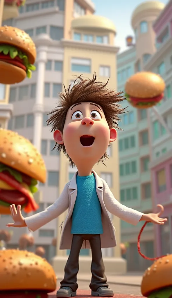 "Flint Lockwood, the eccentric and enthusiastic young inventor from Cloudy with a Chance of Meatballs, stands in the middle of a chaotic yet exciting downpour of giant hamburgers. He is tall and lanky, with wild, messy brown hair, large expressive eyes, a ...