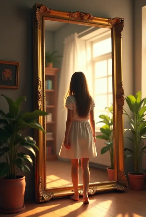 A scene showing a large mirror, with a gold frame and detailed, reflecting exactly what is in front of you. The mirror is in a simple and illuminated environment, with soft light coming through a nearby window.  in front of the mirror , A girl is standing,...