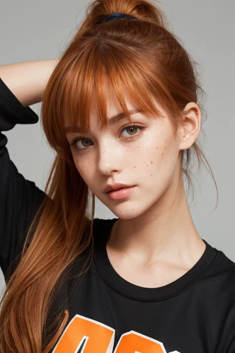  A Caucasian woman, with orange hair, which is informally attached, making a ponytail, bangs and leaving two separate locks of hair in the front, His eyes are hazel in color, Her nose is small and thin , has freckles that cover the middle area of his face,...