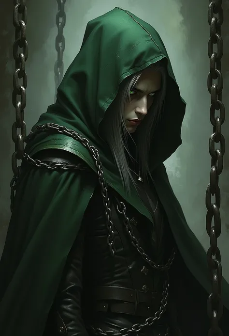 man, black clothes , dark green cloak, assasin, oblique posture, Detailed face, bound by chains, silver long hair, slim build, portrait, green ordinary eyes,