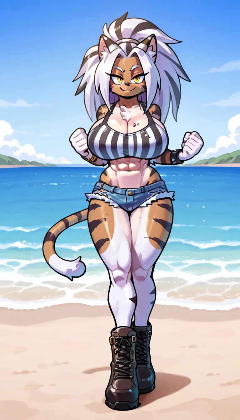 mobian cat, cat ears, yellow eyes, two tone body fur, tan body fur, white body fur with black stripes, white long hair, punk hairstyle, looking at viewer, smile, oily skin, huge breasts, beach, crop top, micro shorts, abs, full body