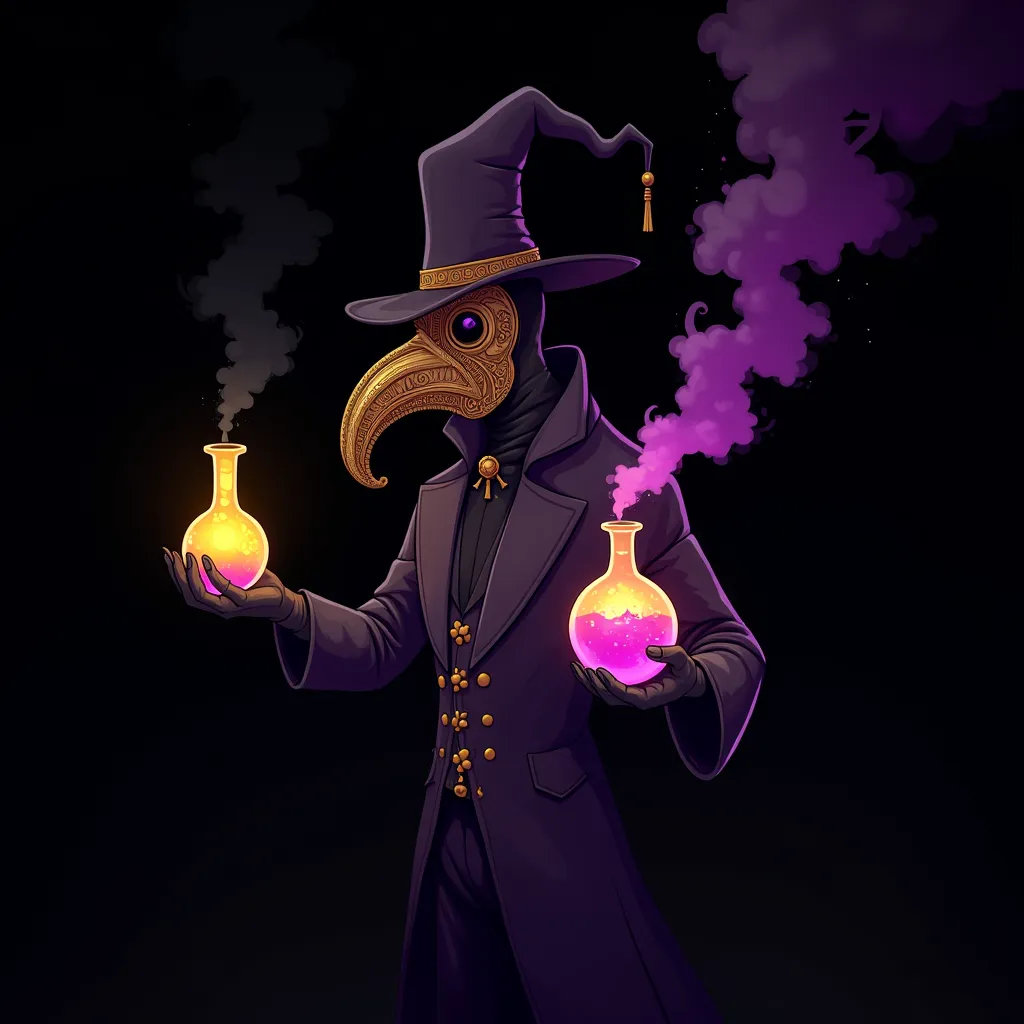 Create a stylized illustration of a Plague doctor in an impressive pose, portrayed from the waist up against a deep black background. The doctor must wear an ornate plague mask, with intricate gold and purple details. In one hand, he holds a volumetric fla...