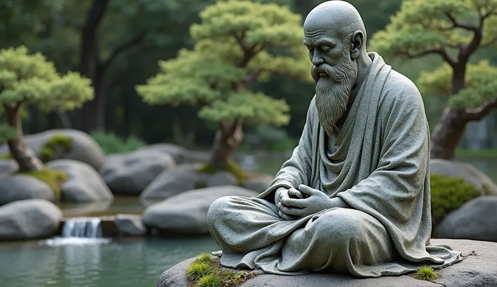 "A weathered stone statue of a Stoic philosopher meditating in a peaceful Zen garden, surrounded by rocks, bonsai trees, and a small waterfall."