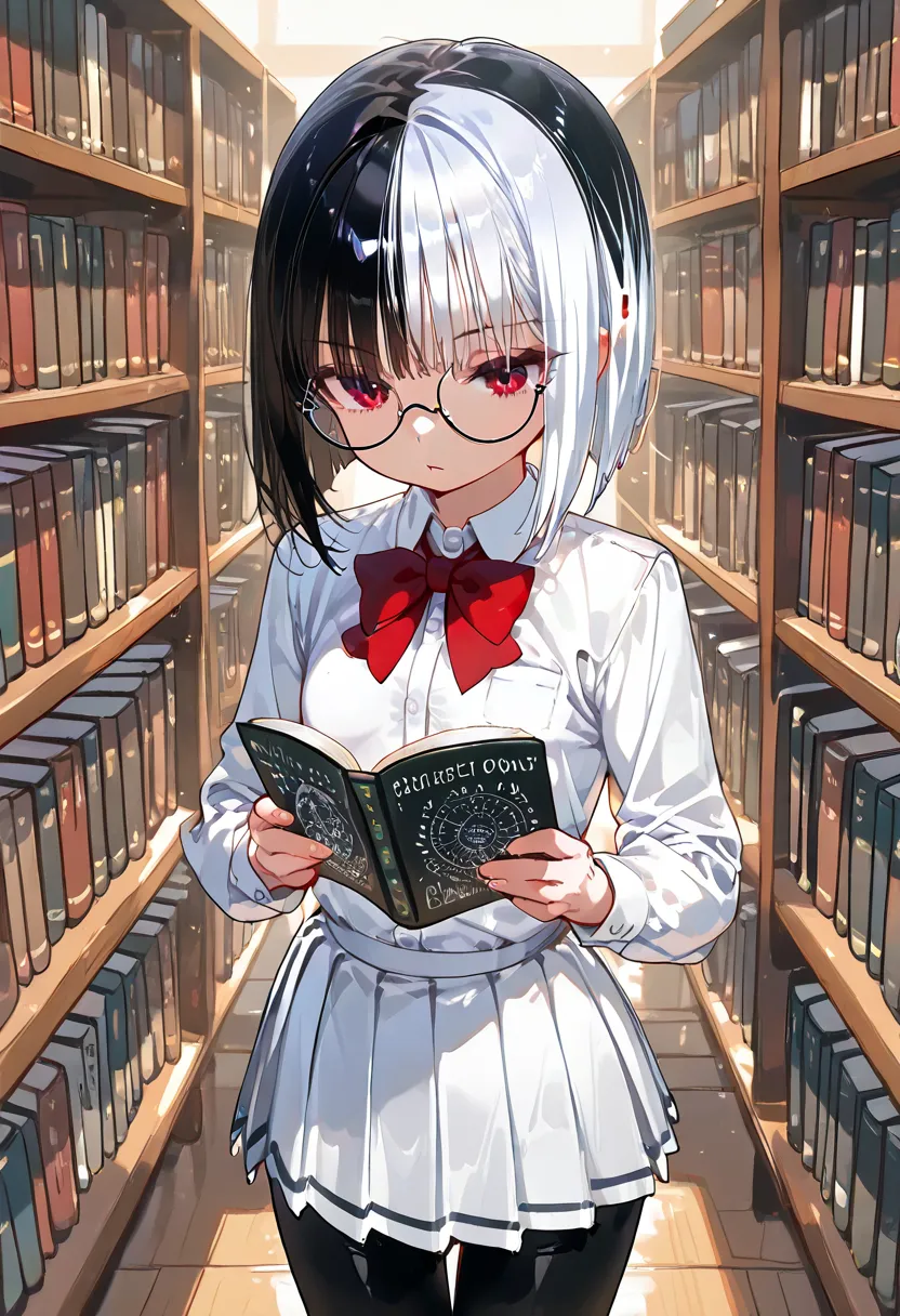 library lots of bookshelves　(((reading)))　((No decorations, extremely simple black hair, long white inner color hair, oily shiny hair, extremely large, thick black-rimmed glasses, extremely flat chest, small breasts))　((school uniforms, black pantyhose, wh...