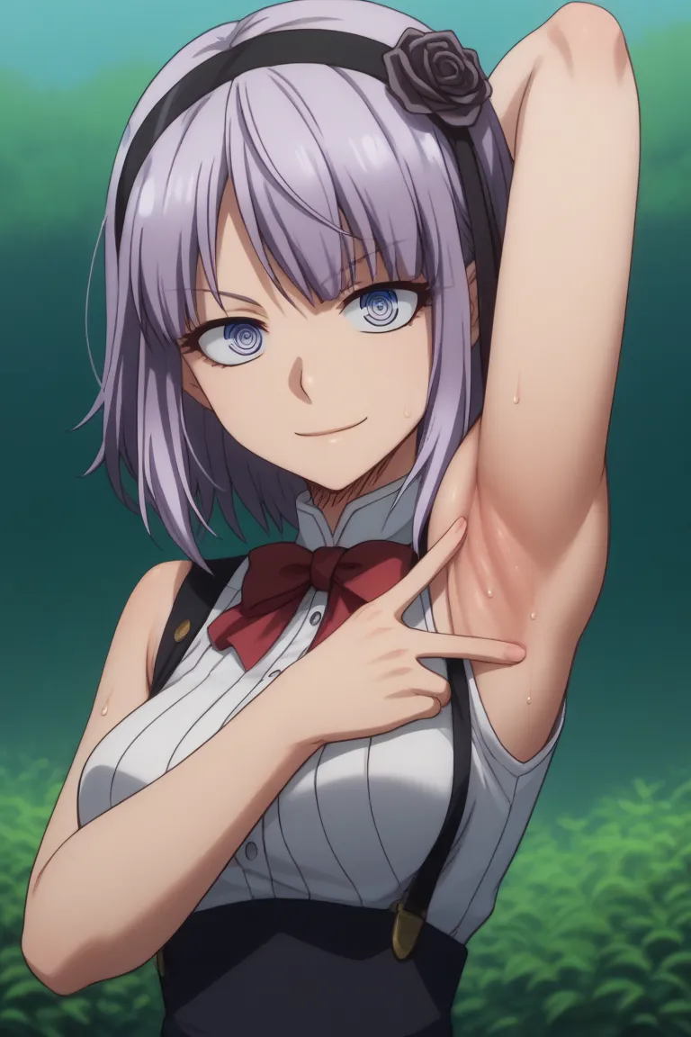 score_9, score_7_up, source_anime, detailed background, (upper body, medium shot:1.4), solo, 1girl,  hotaru shidare, ringed eyes, short hair, hair ornament, hairband, suspenders, sleeveless, red bow, evening gown, spread armpit, arm up, armpit, lay hand on...