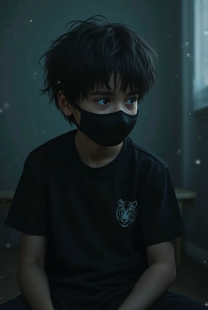 "A hyper-realistic AI-generated digital painting of a young boy wearing a black face mask, sitting alone in a dimly lit environment. His deep, sorrowful eyes are the focal point of the image, filled with sadness and loneliness. His black hair is slightly m...