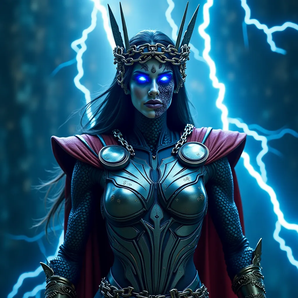 **Thor-Themed Dark Cosmic Entity:**  
   *A regal yet eerie female cosmic entity with a chain crown, half skull and half decayed face, wrapped in celestial chains glowing blue. Her Asgardian armor is a mix of silver, red, and gold, with rune-covered spikes...