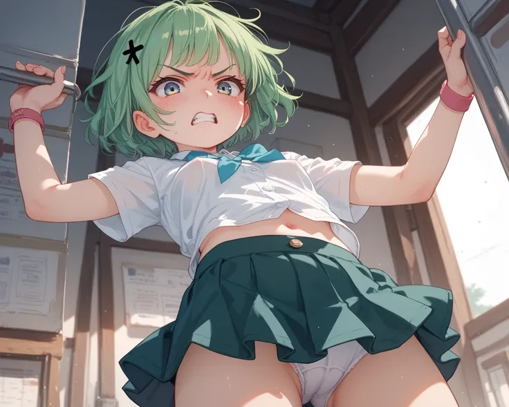 ,very angry, the green hair, short hair, a girl, Alone, short hair, green hair, small breasts, blush, skirt , seen from below 