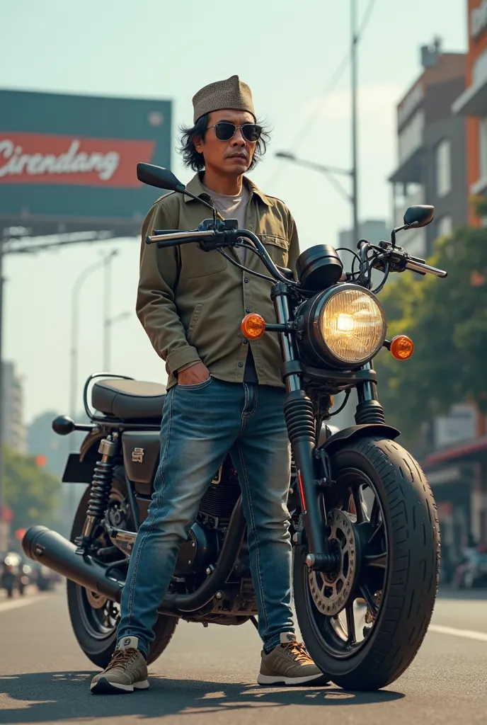 A young Indonesian man of 40 years old with semi-long hair sunglasses wearing a Muslim peci hat and Muslim fashion jeans wearing sneakers stands in front of a huge motorcycle under a billboard that reads CIRENDANG, the background of the streets of the capi...