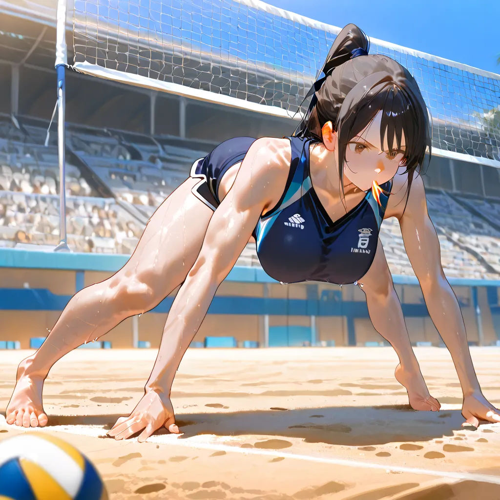 Anime-style. The scene depicts a 24-year-old beach volleyball player, alone on a sand court, stretching before her practice. She has a fit, toned body, slightly tanned skin, focused brown eyes, and long black hair tied in a high ponytail, with a few loose ...