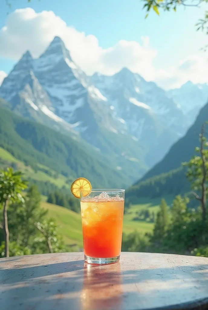 Green mountains with juice glass in front