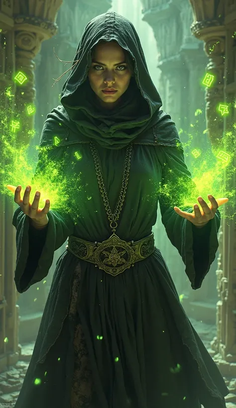 A female mage clad in torn black robe, attacking pose, green poisonous aura surrounding hands, yellow illuminating ancient rune floating around, ornate design, magical mysterious appearance