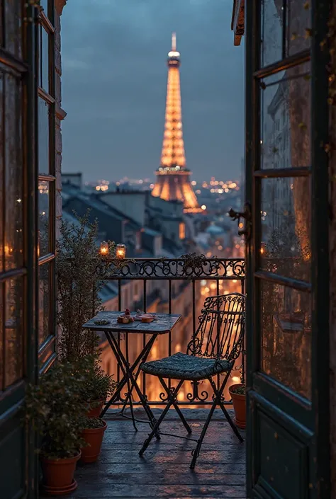 Empty balcony in the city of paris with view of the eiffel tower at night