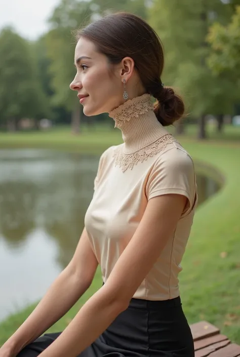 A beautiful woman with an extremely long neck. . She wears a short-sleeved beige turtleneck made of satin, lace details, of a color that highlights her figure. The collar of the garment is high and tight, remaining completely attached to her skin, creating...