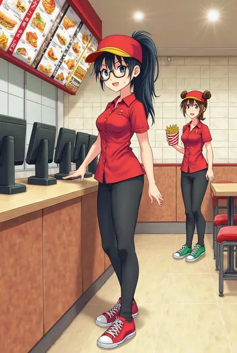 Cover manga "Fast Food Fights Volume 15" A young woman with black hair tied in a high ponytail. She is wearing a fast food restaurant employee uniform, which consists of a red short-sleeved button-down shirt and black pants. She is also wearing a red cap w...