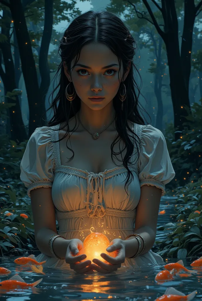 (highly detailed, realistic photo, realistic skin texture), 8K, A dark night, a mysterious forest pond, a young woman who enters the pond and opens the water with her hands, a white dress, a mysterious light in the water in her hands, Close-up of her front...