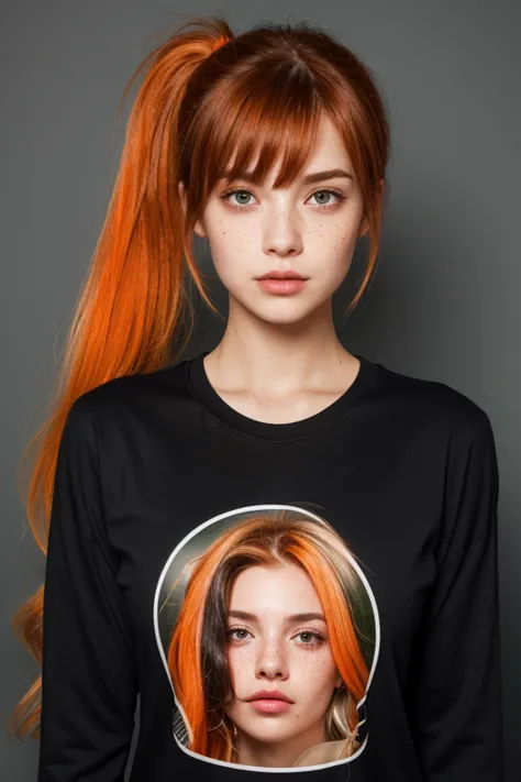  A Caucasian woman, with orange hair, which is informally attached, making a ponytail, bangs and leaving two separate locks of hair in the front, His eyes are hazel in color, Her nose is small and thin , has freckles that cover the middle area of his face,...