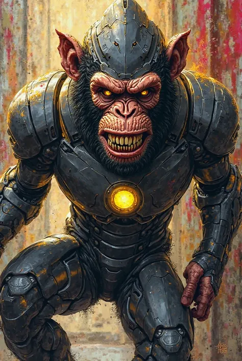 Smiling monkey with an evil face, Wearing Iron Man armor Iron Man, armor in the color black and gold, graffiti style