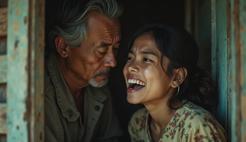 50-year-old father Marji, and his beautiful  daughter sari, in a wooden old house in the countryside, bed scene, sari scared face trauma, open mouth, tears out, big glaring eyes. 4K, 8k, HD, realistic, professional photograph, faces of Indonesians.