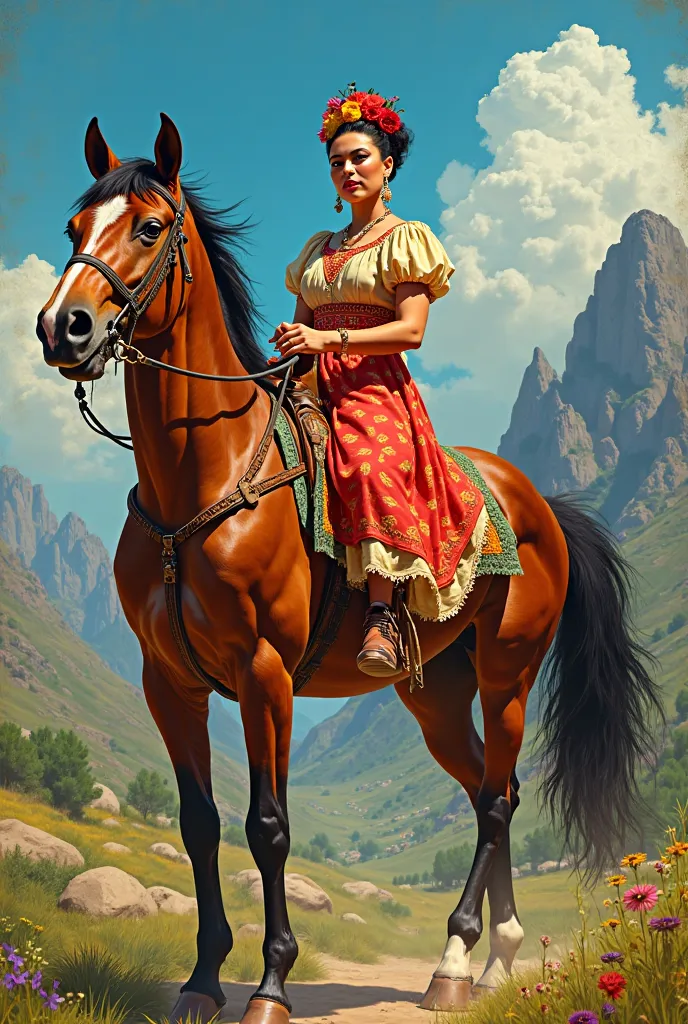 Frida Kalo riding a horse