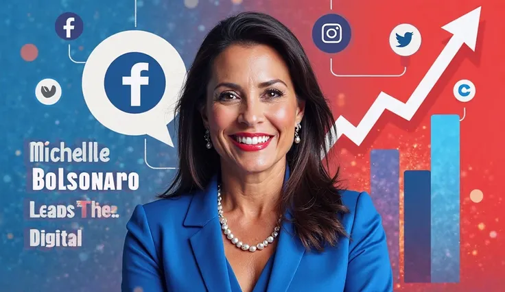 Create a vibrant, eye-catching YouTube thumbnail featuring a high-quality image of Michelle Bolsonaro at the center, exuding authority and charisma. Surround her with modern, sleek social media icons (Facebook, Instagram, Twitter) and include subtle graphi...