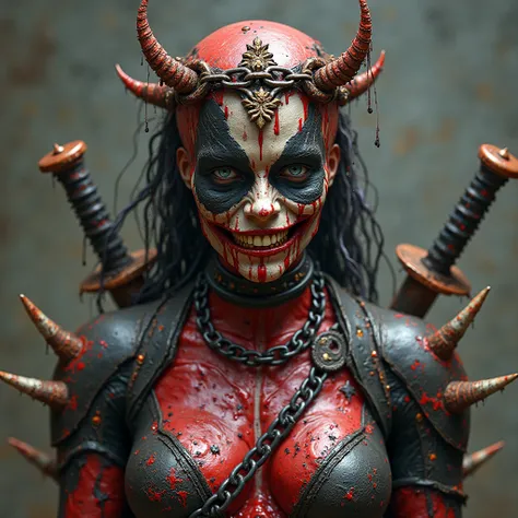 Deadpool-Themed Dark Cosmic Entity:
A chaotic female cosmic entity with a chain crown, half skull and half scarred face, wrapped in rusted chains covered in red and black liquid. Her tattered armor has dual swords strapped to her back, and her spikes resem...