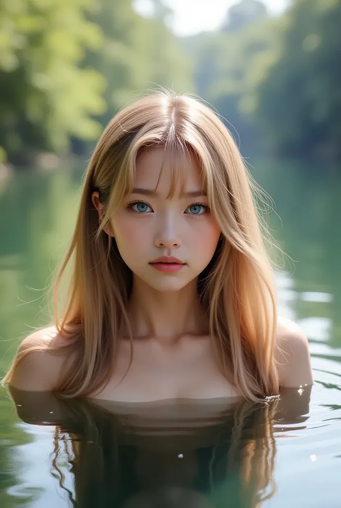  blonde girl has blue eyes、Her hair is loose in the lake
