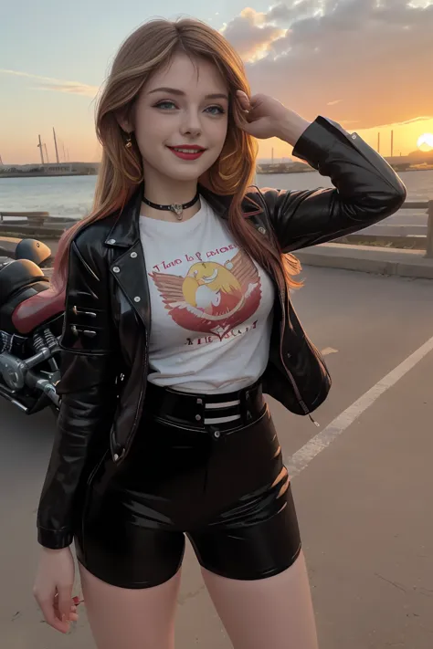 (Masterpiece, t-shirt:1.2), Alone,  a girl ,  Hermosa chica adolescente 18 years old , european , caucasian , Mlp ,glow,  charming smile  , make-up , red lips , Looking at the Spectator, little black jacket , lindo Outfit, Outfit  , el glow de la puesta de...