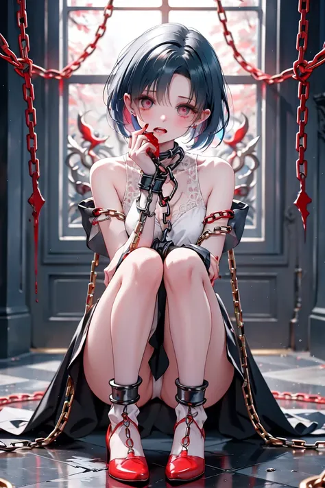 「Highest quality, Hi-Res,    Dark Fantasy Art   。she's starting to like the taste of blood、  A room surrounded by cold stone walls  。
  her limbs are bound by chains  、   Can't Escape 。

(left side:  she's just a normal human ,  her eyes haven't changed , ...