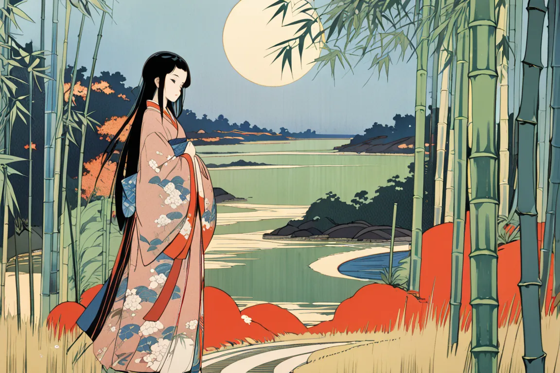 ukiyo-e,  Princess Kaguya looks up sadly at the moon in the bamboo grove、Ultra High Definition, high quality, high definition model, 