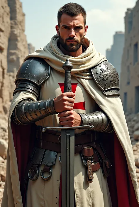 Old Templar Warrior, middle age, without the helmet, without a beard, with a confident look carrying his sword