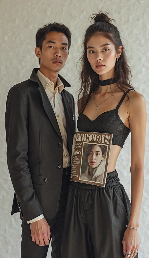 Picture of 2 people.  Guy and girl again fhasion swow wears magazine book on her body full body facing the camera 