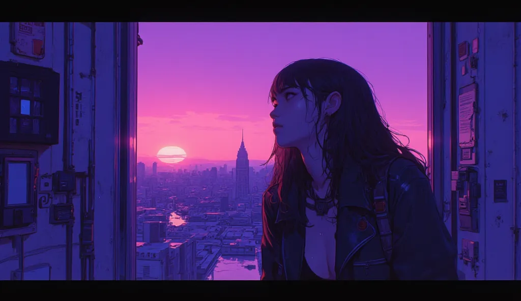 Highest quality　Ultra delicate　Japanese anime anime　 one pretty girl　　Strong shadows 　contrast after screen action 　サイバーpunk　punk 　Emotional　Sadness　sunset　Twilight　Purple　I'm staring at the sunset