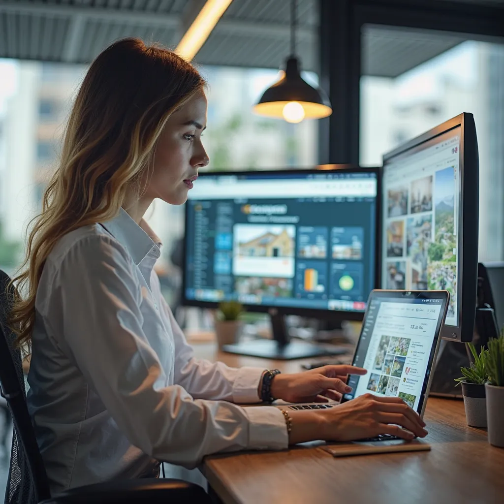 A real estate agent in a modern office, using various marketing tools such as social media, real estate portals, and direct contacts to promote a property