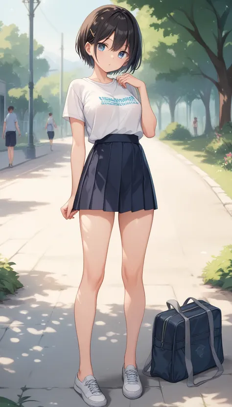 Anime girl in plain clothes as a junior high school student on a holiday,  black hair 、 young 、 super cute、 short hair、 neutral facial features、 Black short sleeve, t-shirt ,  no panties, full body, ultra detailed