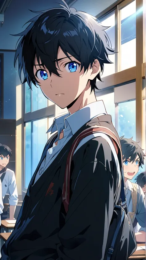 Male Anime Characters, Black Hair, Blue, Blue Eyes, Mixed Light Blue, Wearing School Male School Uniform.Black Japanese Tip