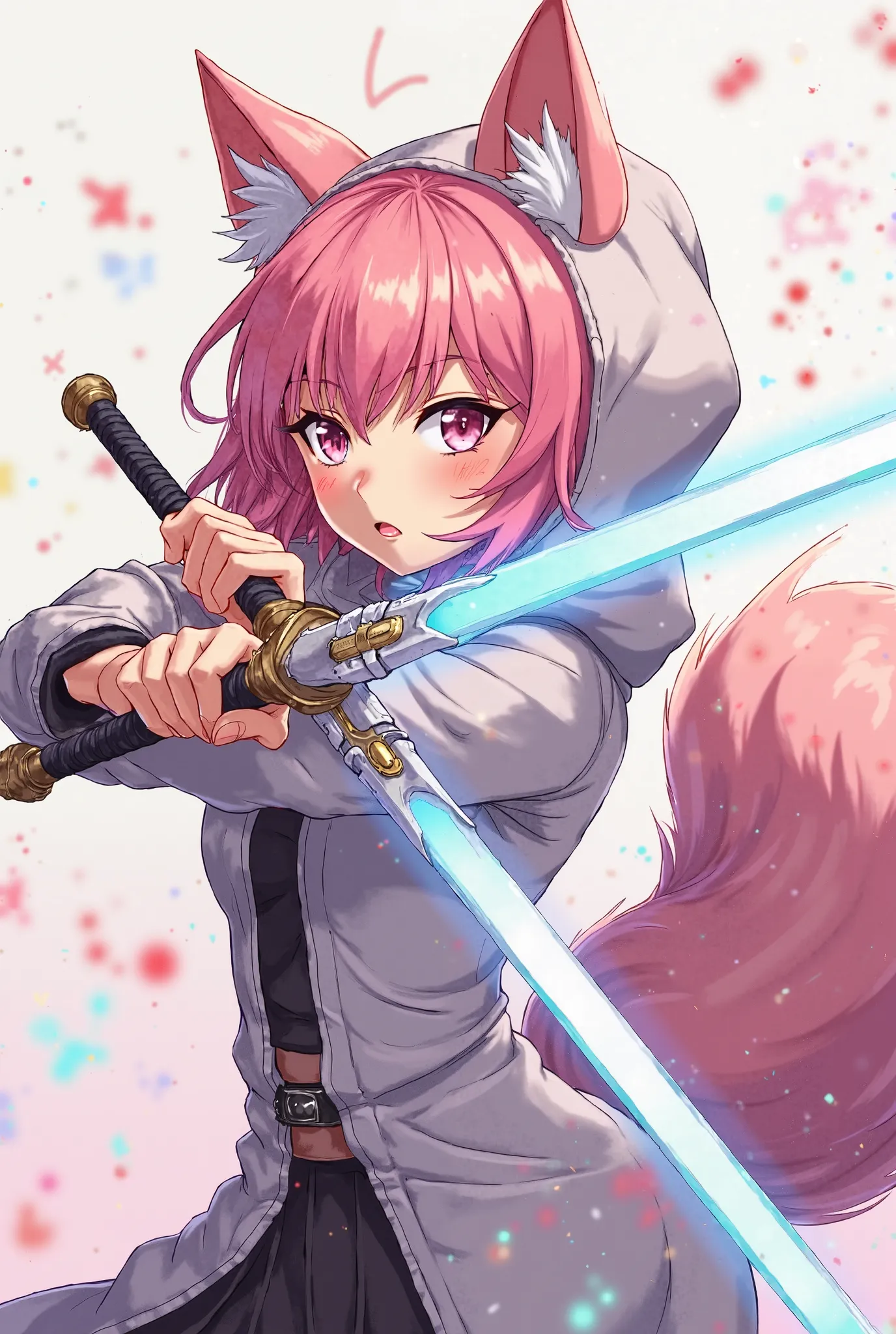 An anime-style character with sharp and clean line art, featuring pink hair, Shiba Inu ears, and a fluffy Shiba Inu tail. The character is in a battle-ready stance, dual-wielding swords similar to those in Sword Art Online, with sleek, futuristic, or fanta...