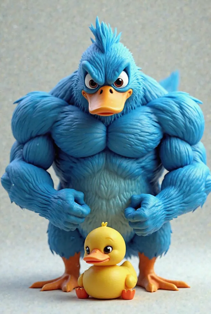 Make a super strong blue monoid duck with defined muscles where it is holding a yellow duck on the ground