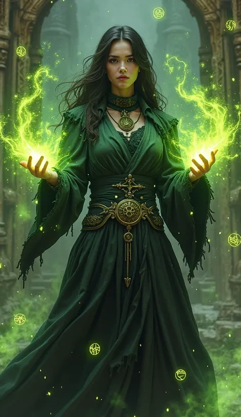 A female mage clad in torn black robe, attacking pose, green poisonous aura surrounding hands, yellow illuminating ancient rune floating around, ornate design, magical mysterious appearance